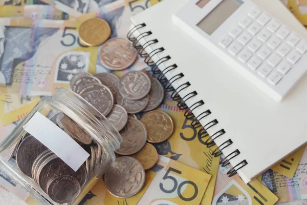 Australiensiska Pengar Kalkylator Notebook Spara Koncept — Stockfoto