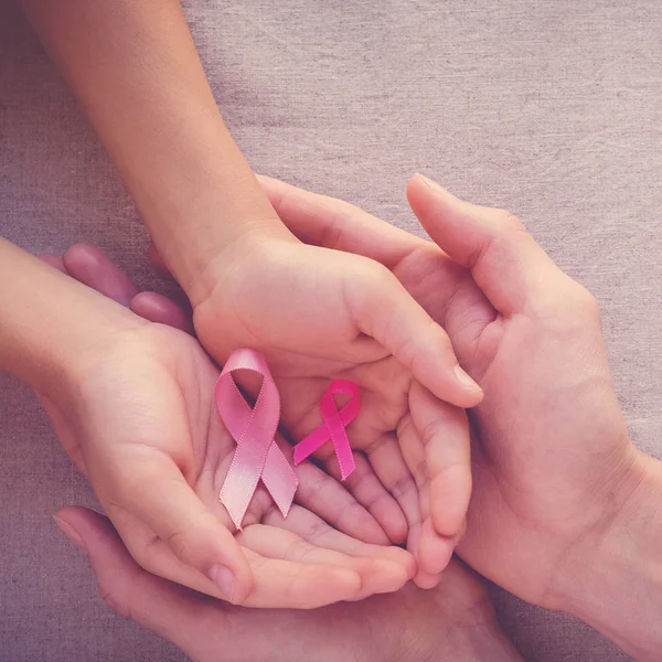 Mãos Humanas Com Fitas Cor Rosa Dia Mundial Cancro — Fotografia de Stock