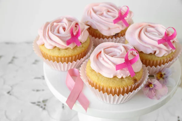 Cupcakes Flor Rosa Para Dia Fita Rosa Dia Mundial Cancro — Fotografia de Stock