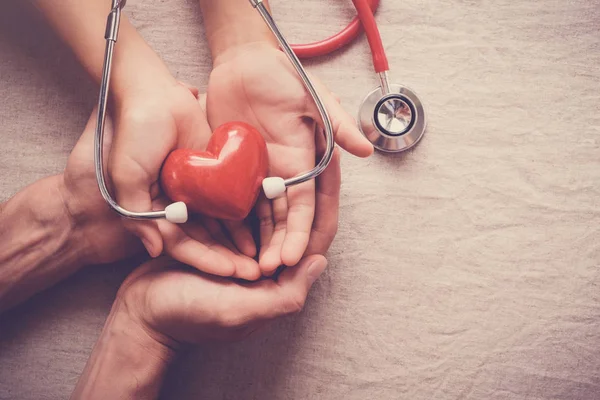 Niño Adulto Sosteniendo Corazón Rojo Con Estetoscopio Salud Del Corazón — Foto de Stock