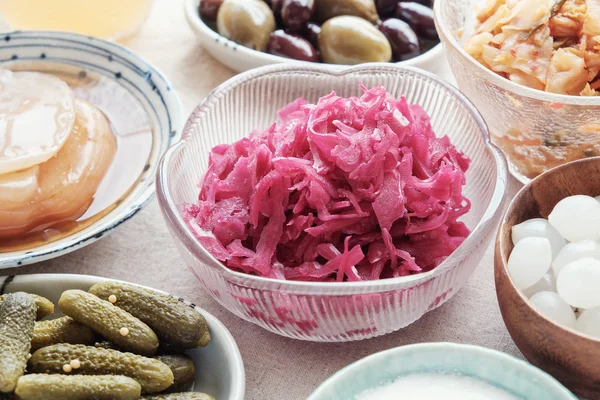 Variedad Alimentos Probióticos Fermentados Sobre Fondo Claro — Foto de Stock