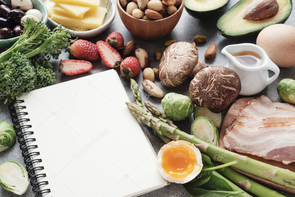 Healthy food with clear notebook, Ketogenic diet, low carbs.