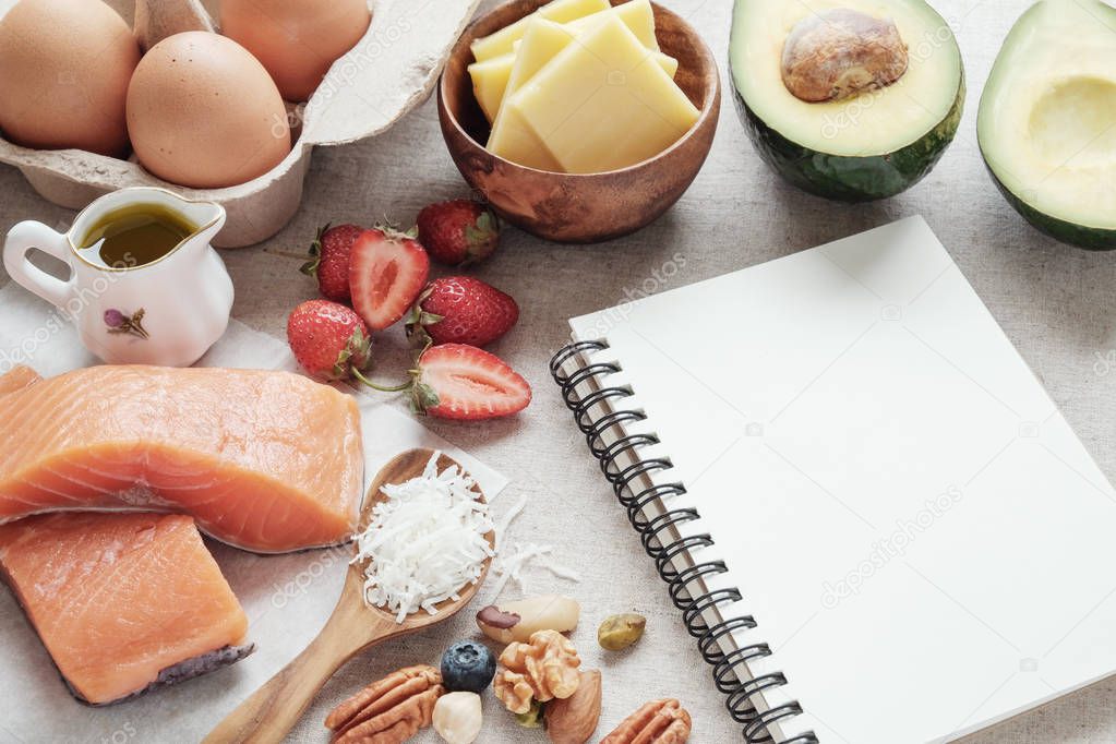Background with different food and notebook, ketogenic diet, low carbs, high good fat.