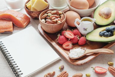 Arka plan ile farklı yiyecek ve defter, ketogenic diyet, düşük karbonhidrat, yüksek iyi yağ.