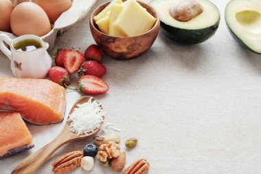 Arka plan ile farklı gıda, ketogenic diyet, düşük karbonhidrat, yüksek iyi yağ.