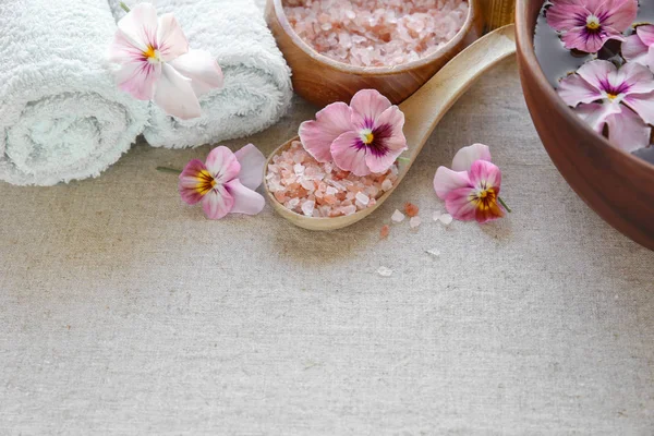 Pink Sea Salt Flowers Spa Setting Copy Space Background Selective — Stock Photo, Image