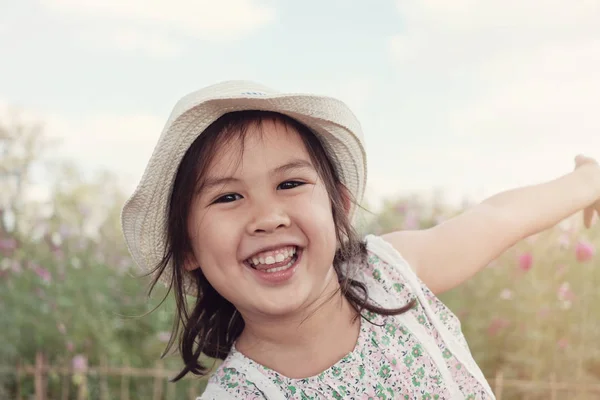 Cute Multicultural Asain Girl Smiling Flower Field — Stock Photo, Image