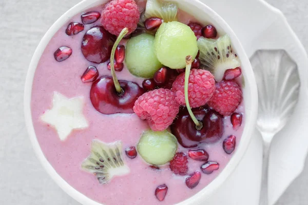 Red Pink Green Smoothie Bowl Cherry Melon Strawberry Raspberries Pomegranate — Stock Photo, Image