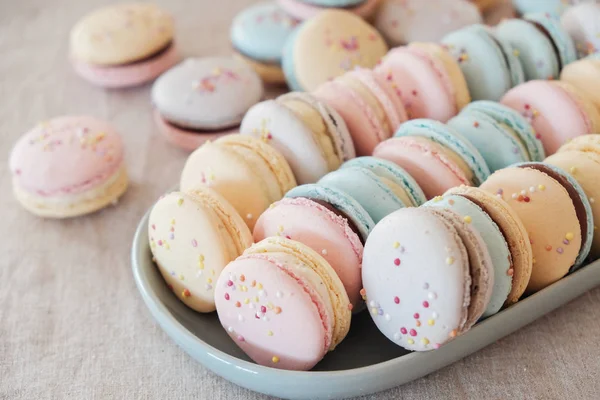 Homemade Colorful Pastel Macaroons Beige Plate — Stock Photo, Image