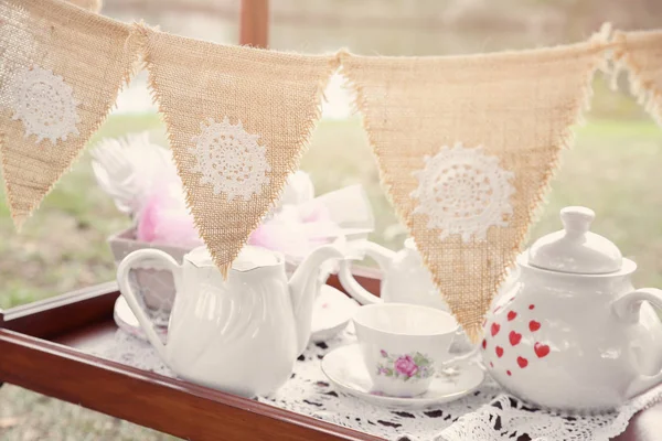 vintage bunting and tea set, Alice in wonderland Mad Hatters tea party, toning