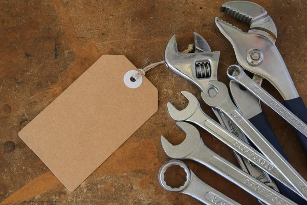 Diversi Strumenti Piano Lavoro Legno Rustico Copiare Sfondo Dello Spazio — Foto Stock