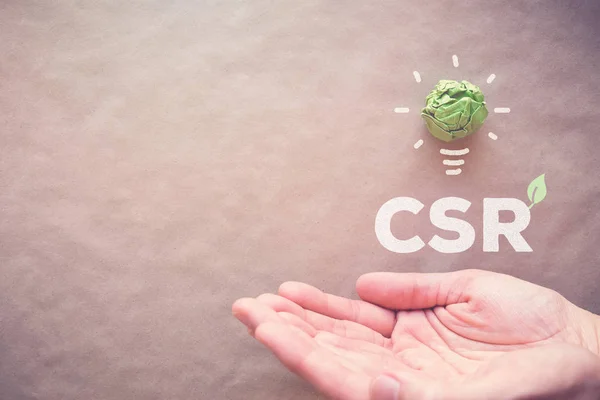 Green Paper Light Bulb Csr Hands Corporate Social Responsibility — Stock Photo, Image