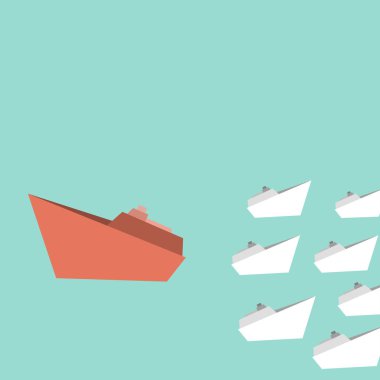 Beyaz gemi ve bir büyük kırmızı gemi yönünü değiştirme, değişim yönetimi, iş kavramı. Vektör çizim