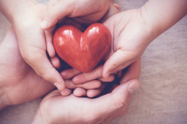 Kırmızı kalp, sağlık sigortası ve bağış kavramı holding yetişkin ve çocuk eller