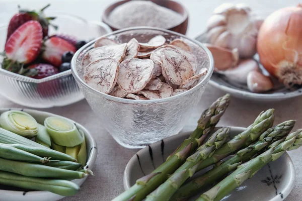 Conjunto Alimentos Prebióticos Para Saúde Intestinal Tigelas Mesa — Fotografia de Stock