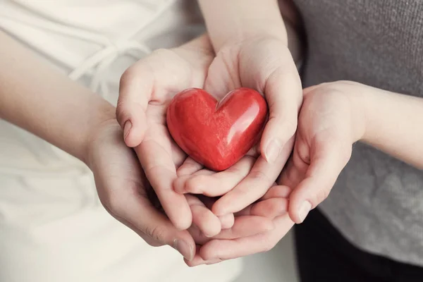 Female Male Hands Holding Red Heart Health Insurance Donation Concept — Stock Photo, Image