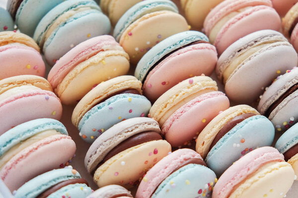 Rows Sweet Homemade Colorful Pastel Macaroons — Stock Photo, Image
