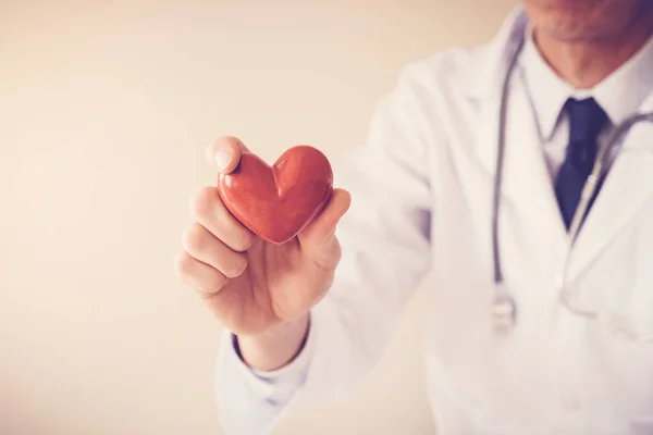 Doktor Stetoskop Kırmızı Kalp Sağlık Sigortası Kavramı Holding Ile — Stok fotoğraf