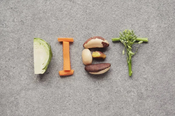 Palabra Dieta Hecha Alimentos Saludables Sobre Fondo Gris — Foto de Stock