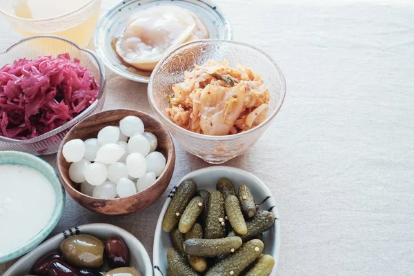 Variedade Alimentos Probióticos Fermentados Para Saúde Intestinal — Fotografia de Stock