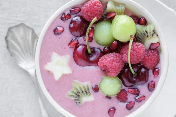 Red Pink Smoothie Bowl Cherry Strawberry Raspberries Pomegranate — Stock Photo, Image