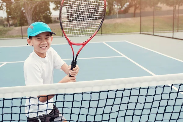 Joven Adolescente Asiático Chico Tenis Jugador Aire Libre Azul Corte — Foto de Stock