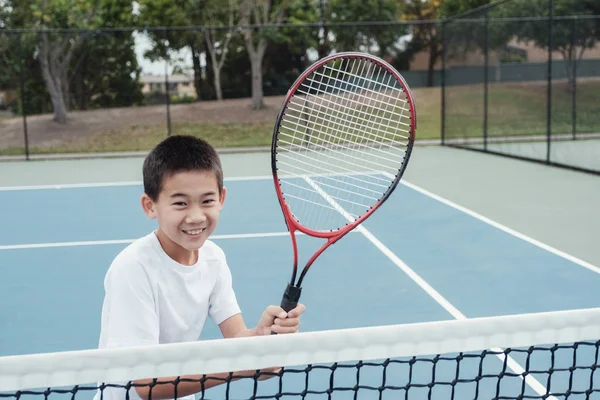 Joven Adolescente Asiático Chico Tenis Jugador Aire Libre Azul Corte — Foto de Stock