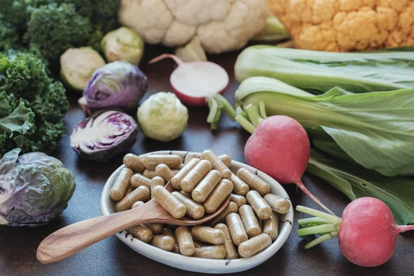 Cápsulas Legumes Crucíferos Suplementos Dietéticos Para Saudável — Fotografia de Stock