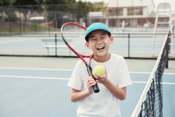 Joven Adolescente Asiático Chico Tenis Jugador Aire Libre Azul Corte — Foto de Stock