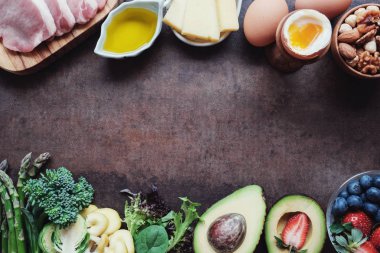 Ketojenik diyet, düşük karbonhidrat, yüksek yağ, sağlıklı yiyecek.