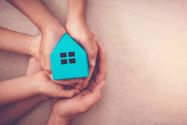 Adult Child Hands Holding Toy House Family Home Homeless Shelter — Stock Photo, Image