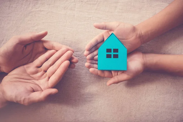 Adult Child Hands Holding Toy House Family Home Homeless Shelter — Stock Photo, Image