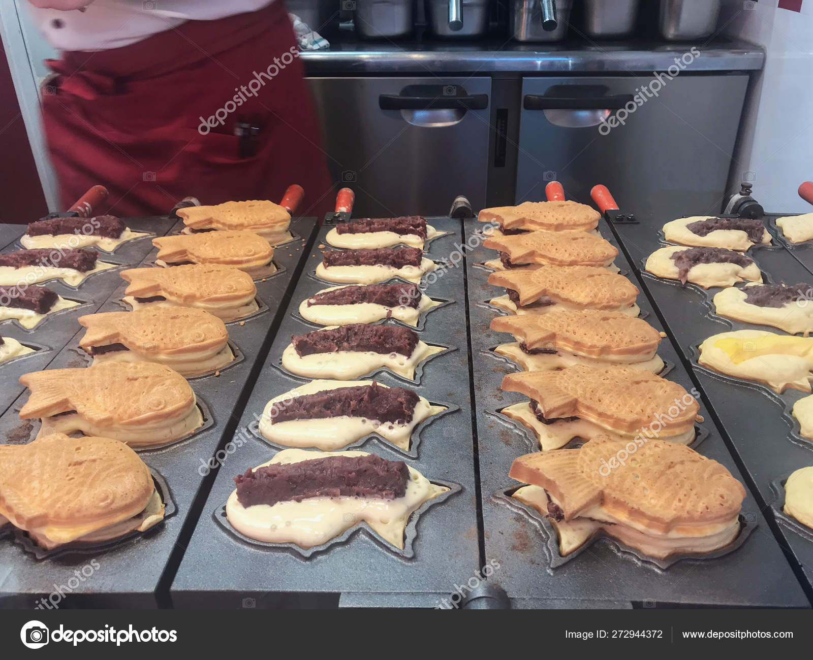 Taiyaki, fishshaped cake with red bean filling, Japanese street Stock