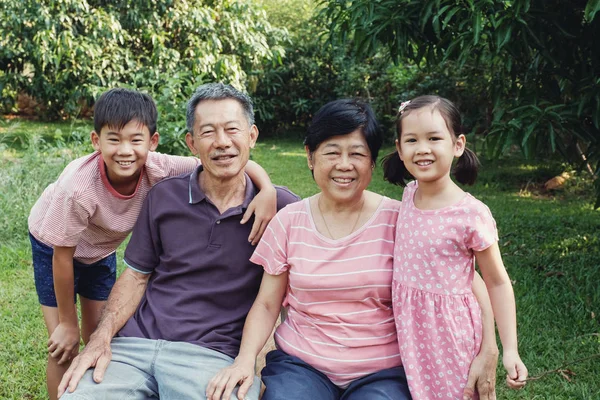 Asian grandchildren laughing with their grandparents in the park — Stock Photo, Image