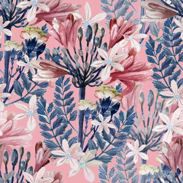 Ręcznie rysowane akwarela różowe kwiaty i niebieskie liście na różowy ciemny — Zdjęcie stockowe
