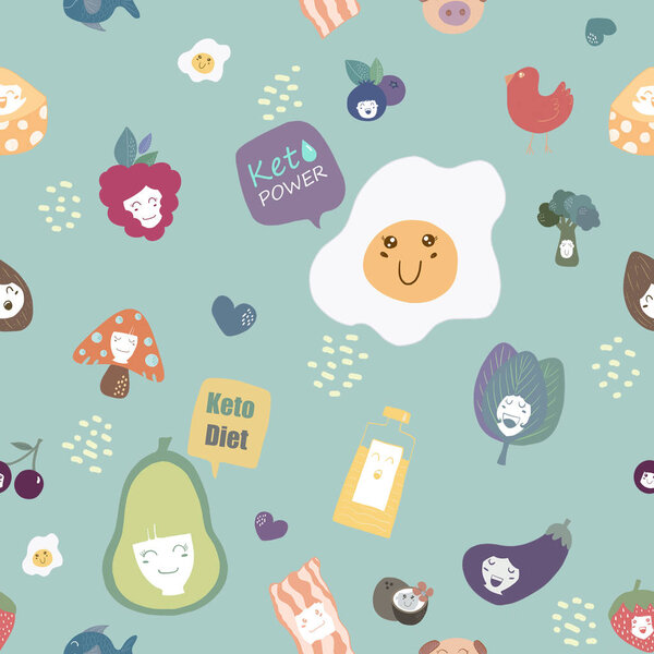 Keto seamless pattern on aqua background,  low carb high fat, he