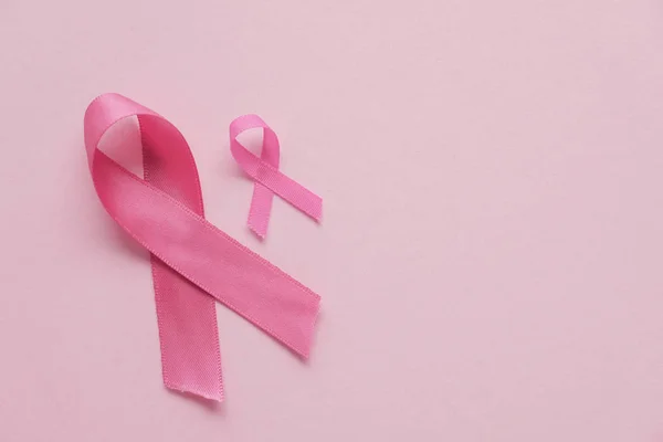 Pink ribbons on pink background, Breast cancer awareness and Oct — Stock Photo, Image