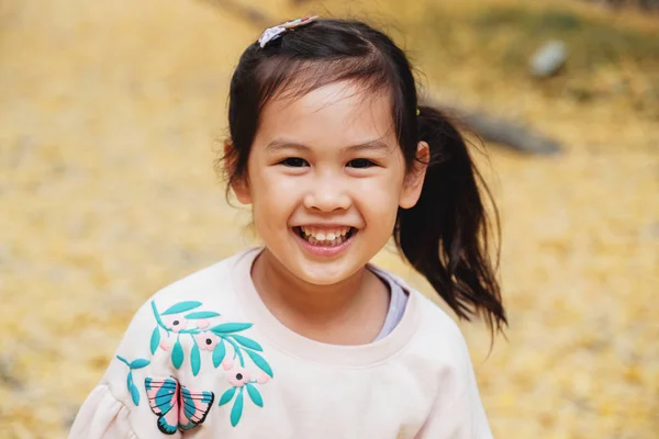 Щасливий маленька Азіатська дівчина посміхається з жовтим Гінкго листя столу — стокове фото