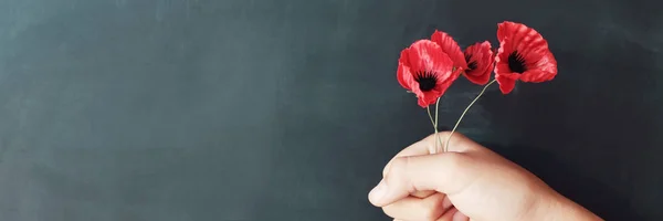Рука с красными цветами мака, День памяти, День ветеранов , — стоковое фото
