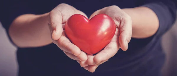 Woman Holding Red Heart Health Insurance Donation Happy Charity Volunteer — Stock Photo, Image