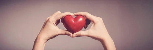 Γυναίκα Που Κατέχουν Κόκκινη Καρδιά Ασφάλιση Υγείας Δωρεά Ευτυχής Φιλανθρωπία — Φωτογραφία Αρχείου