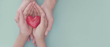 Yetişkin ve çocuk elleri kırmızı kalp, organ bağışı, refah, aile sağlığı sigortası ve CSR konsepti, dünya kalp günü, dünya sağlık günü