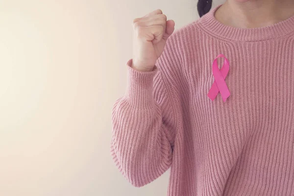 Woman Wearing Pink Top Pink Ribbon Making Hand Gesture Fighting — Stock Photo, Image