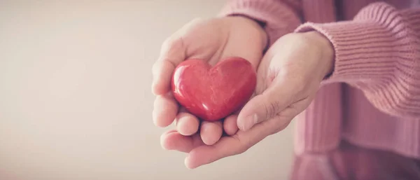 Kvinna Med Rött Hjärta Sjukförsäkring Donation Lycklig Välgörenhet Volontär Koncept — Stockfoto