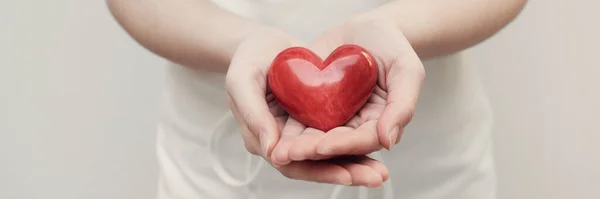 Woman Holding Red Heart Health Insurance Donation Charity Concept World — Stock Photo, Image