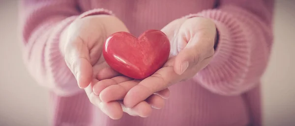 Woman Holding Red Heart Health Insurance Donation Happy Charity Volunteer — Stock Photo, Image