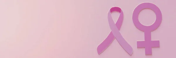 Roze Lint Vrouw Symbool Roze Achtergrond Borstkanker Bewustzijn Oktober Roze — Stockfoto