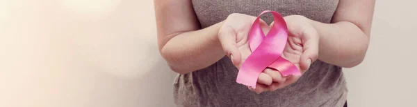 Woman Hands Holding Pink Ribbon Breast Cancer Awareness October Pink — Stock Photo, Image