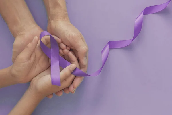 Adult Child Hands Holding Purple Ribbons World Cancer Day Purple — Stock Photo, Image