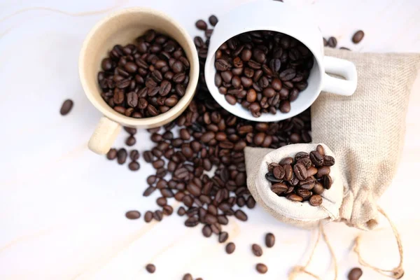 Coffee Cup Coffee Beans Close Background — Fotografia de Stock